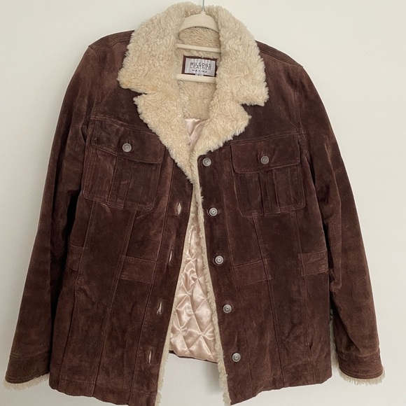 Vintage Y2K Wilsons Leather Suede Coat XL Brown Button Down Faux Fur Collar